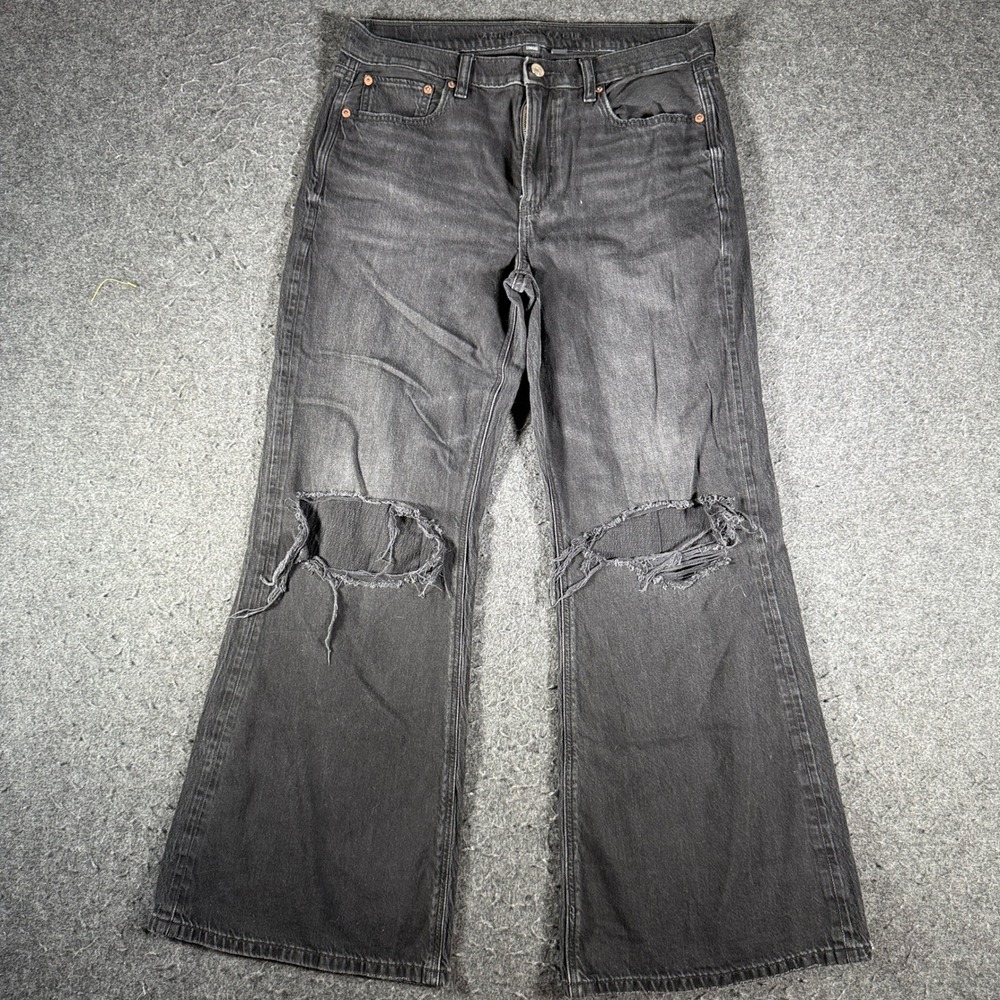 American Eagle Low Rise Baggy Flare Distressed Black Jeans Size 8 Regular 13036